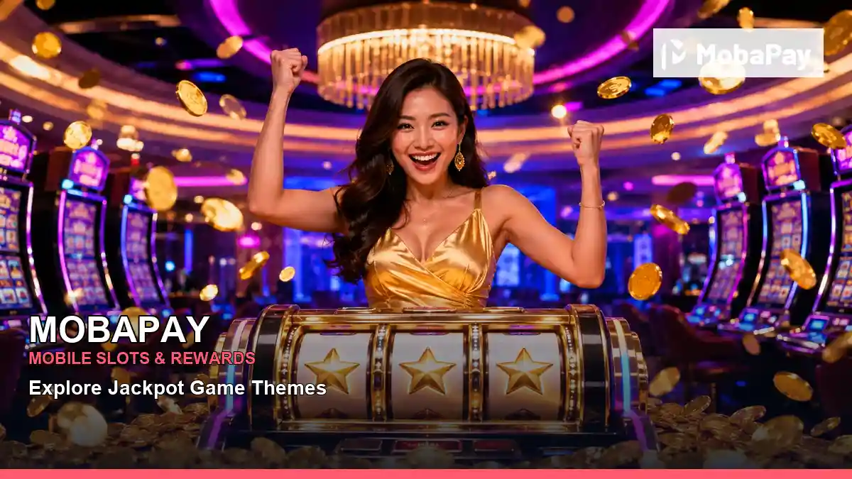 MOBAPAY jackpot slot games featuring an adult Filipina casino host with a celebratory composition