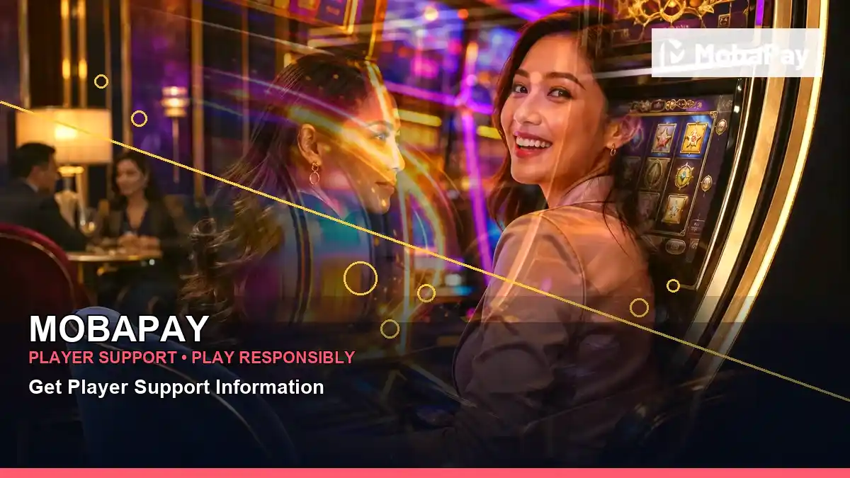 MOBAPAY coins casino cashback rewards featuring an adult Filipina casino host with a layered collage composition